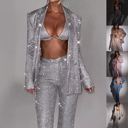 3pcs Shiny Long-sleeved Suit With Bra Lapel Blazer Straight-leg Trousers Set For Women